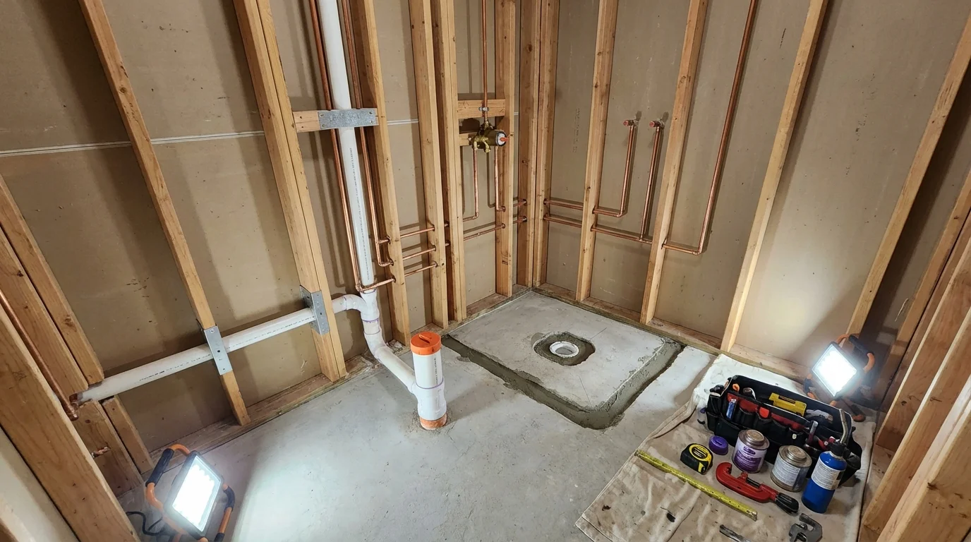 Bathroom rough-in plumbing during remodel by Johns Plumbing LLC in Warsaw