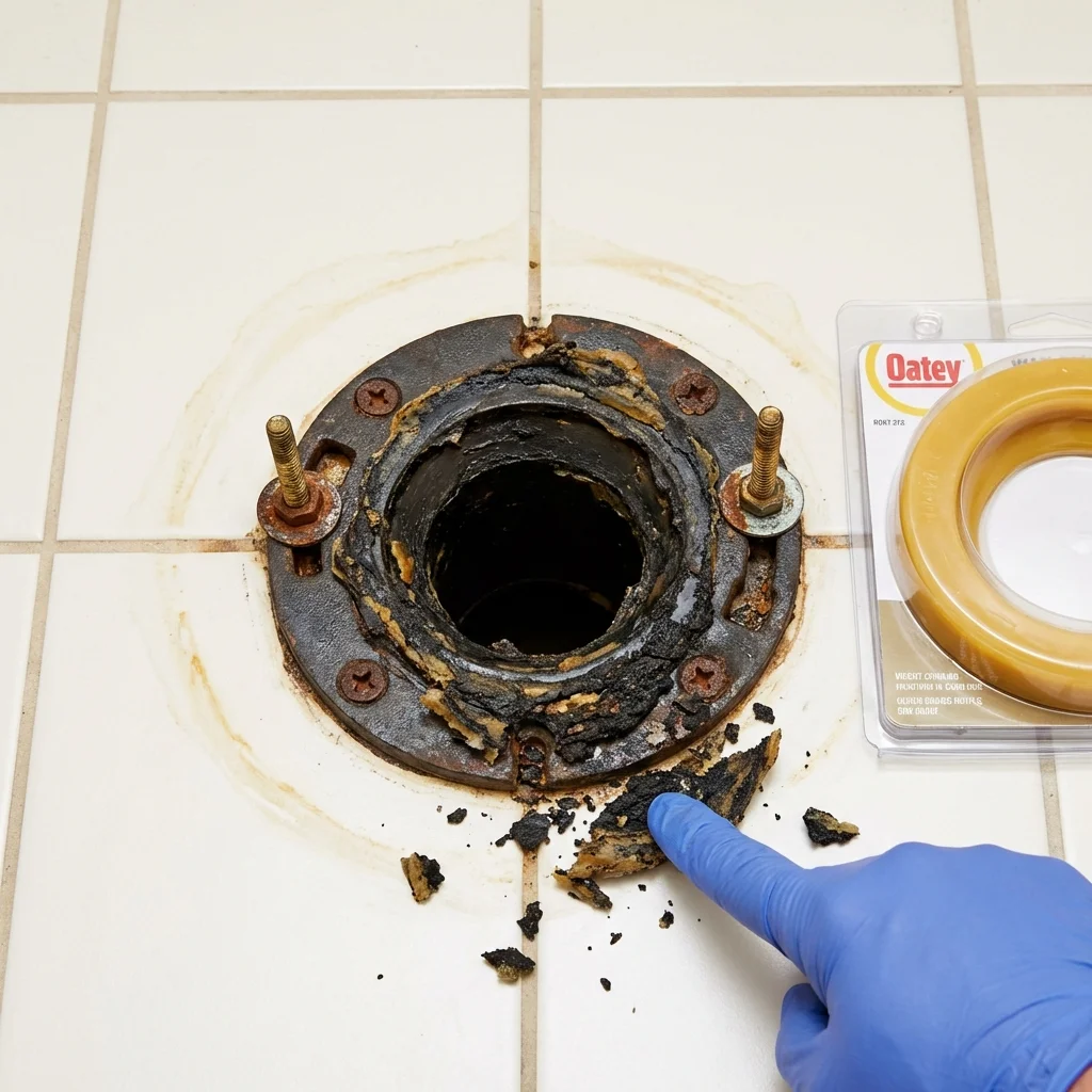 Failed wax ring showing water seepage at the base of a toilet in a Warsaw, MO home