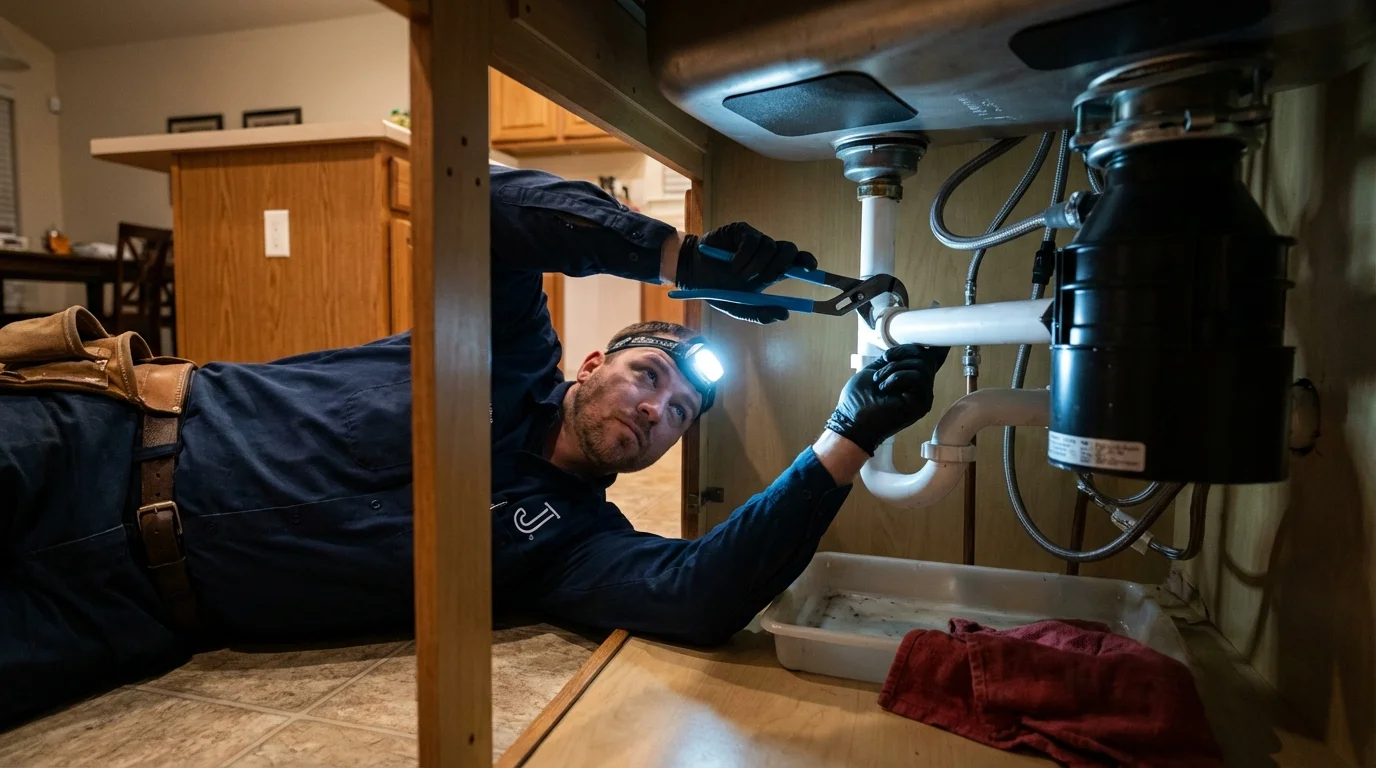 P-trap and supply line connections under a kitchen sink showing a common leak point in Warsaw, MO